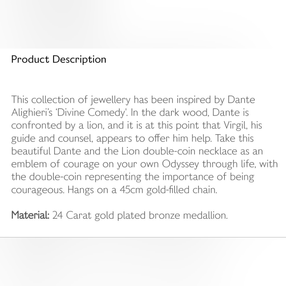 Alighieri Dante and Lion Handcrafted Necklace Like New Includes all Packaging - Picture 7 of 11